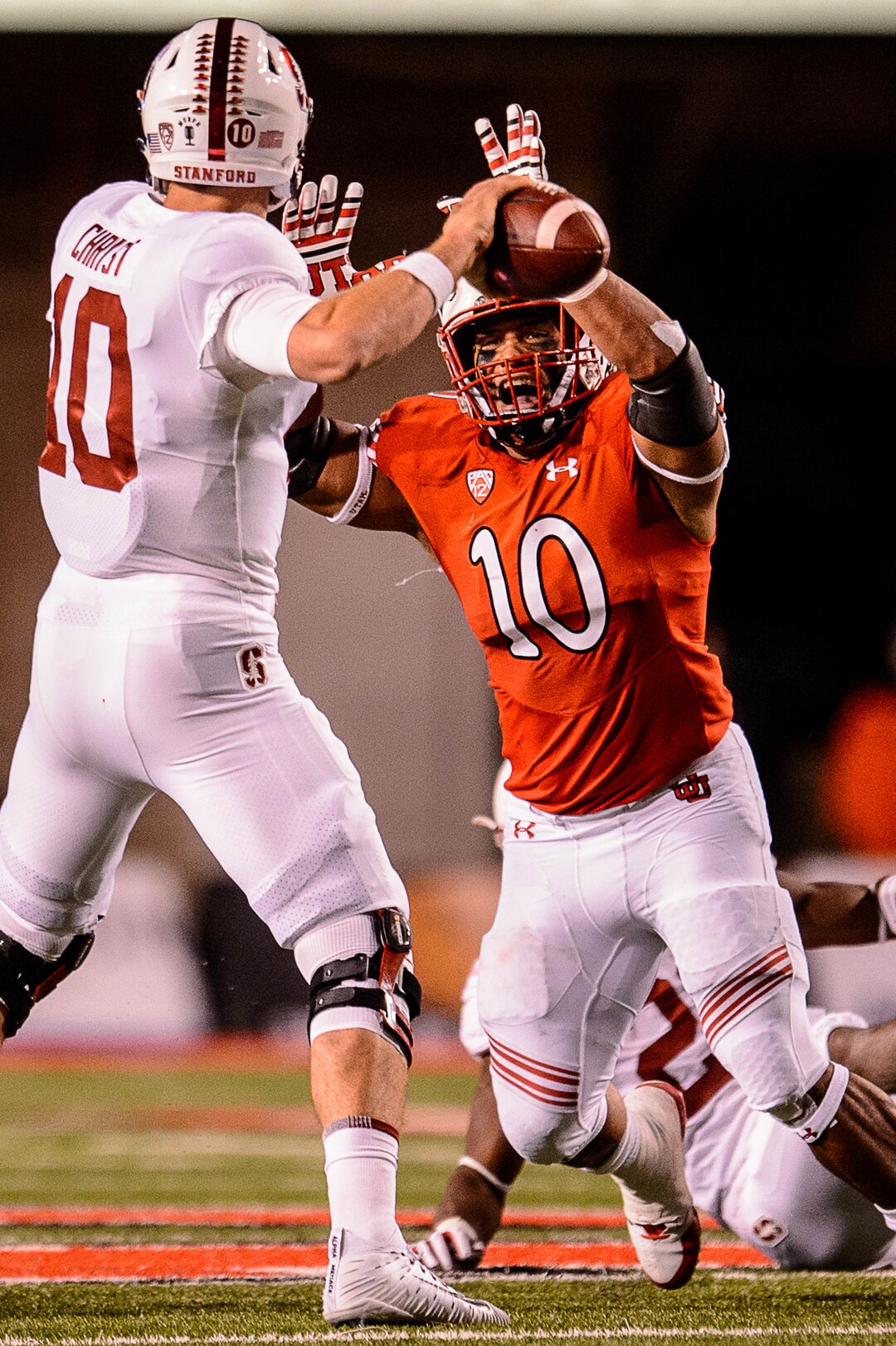 (Trent Nelson | The Salt Lake Tribune)  Utah Utes linebacker Sunia Tauteoli (10) closes in on Stanford Cardinal quarterback Keller Chryst (10) as the University of Utah hosts Stanford, NCAA football at Rice-Eccles Stadium in Salt Lake City Saturday October 7, 2017.