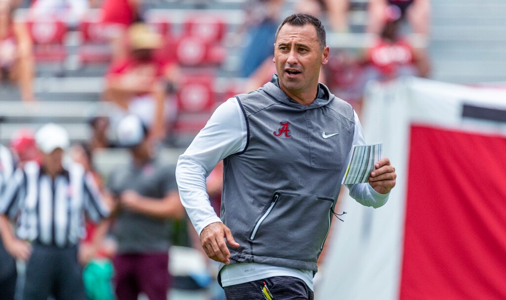 Alabama offensive coordinator Steve Sarkisian works his payers through drills during an NCAA college fall camp fan-day college football scrimmage, Saturday, Aug. 3, 2019, at Bryant-Denny Stadium in Tuscaloosa, Ala. (AP Photo/Vasha Hunt)