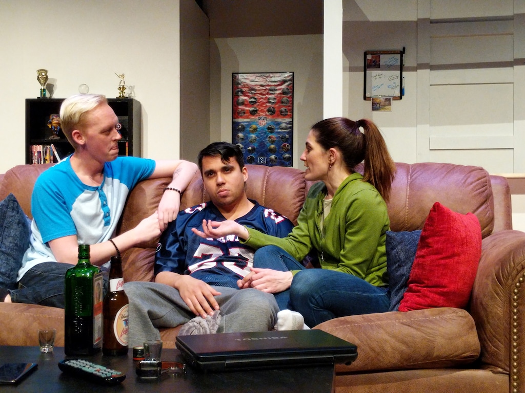(Courtesy photograph by JayC Stoddard) Dallon D. Thorup as Chris, John Valdez as Ben and Andrea Peterson as Emily in Utah Repertory Theater's "Straight."