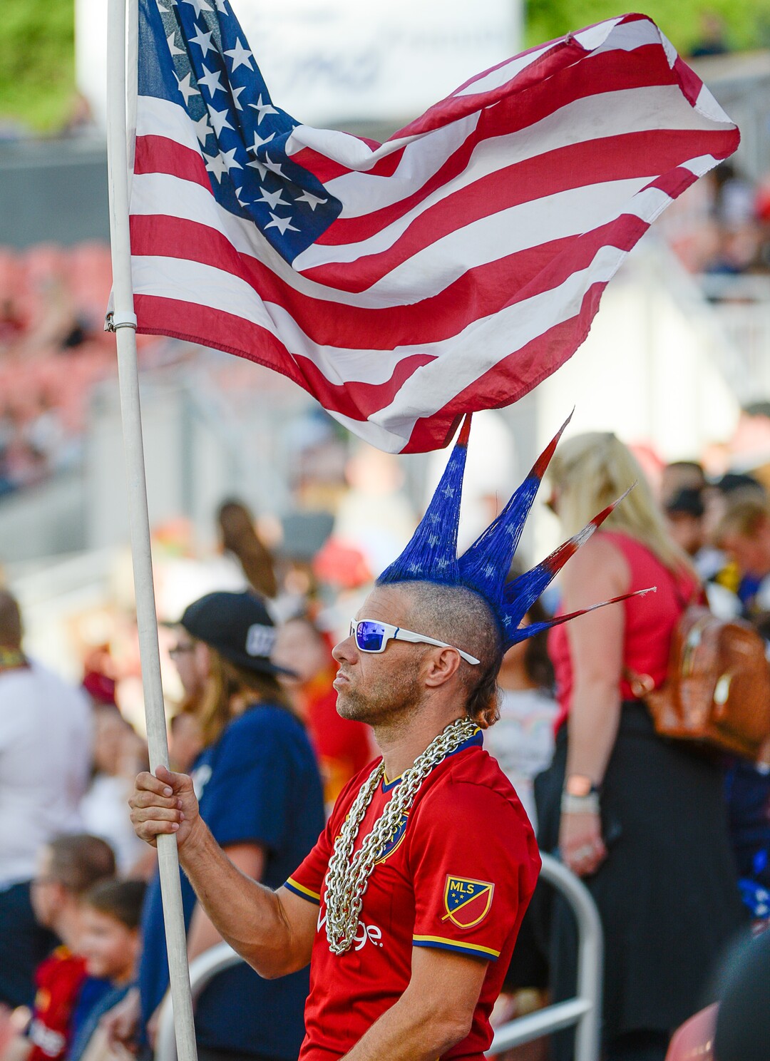 (Francisco Kjolseth  |  The Salt Lake Tribune)  Randolph Scott of Pleasant Grove, Utah shows gets patriotic as Real Salt Lake hosts Columbus Crew SC, in MLS Soccer at Rio Tinto Stadium in Sandy, Utah on Wed, July 3, 2019.