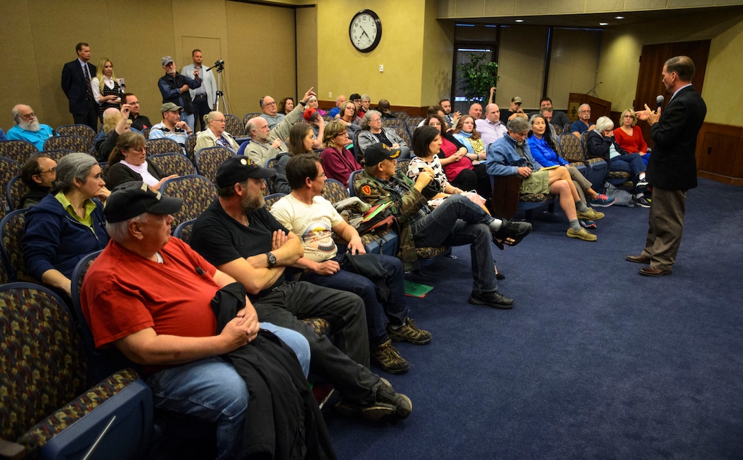 (Steve Griffin  |  The Salt Lake Tribune) Rep. Chris Stewart, R-Utah, takes questions from the audience during his town hall meeting at the West Valley City Hall in West Valley City Wednesday May 2, 2018.