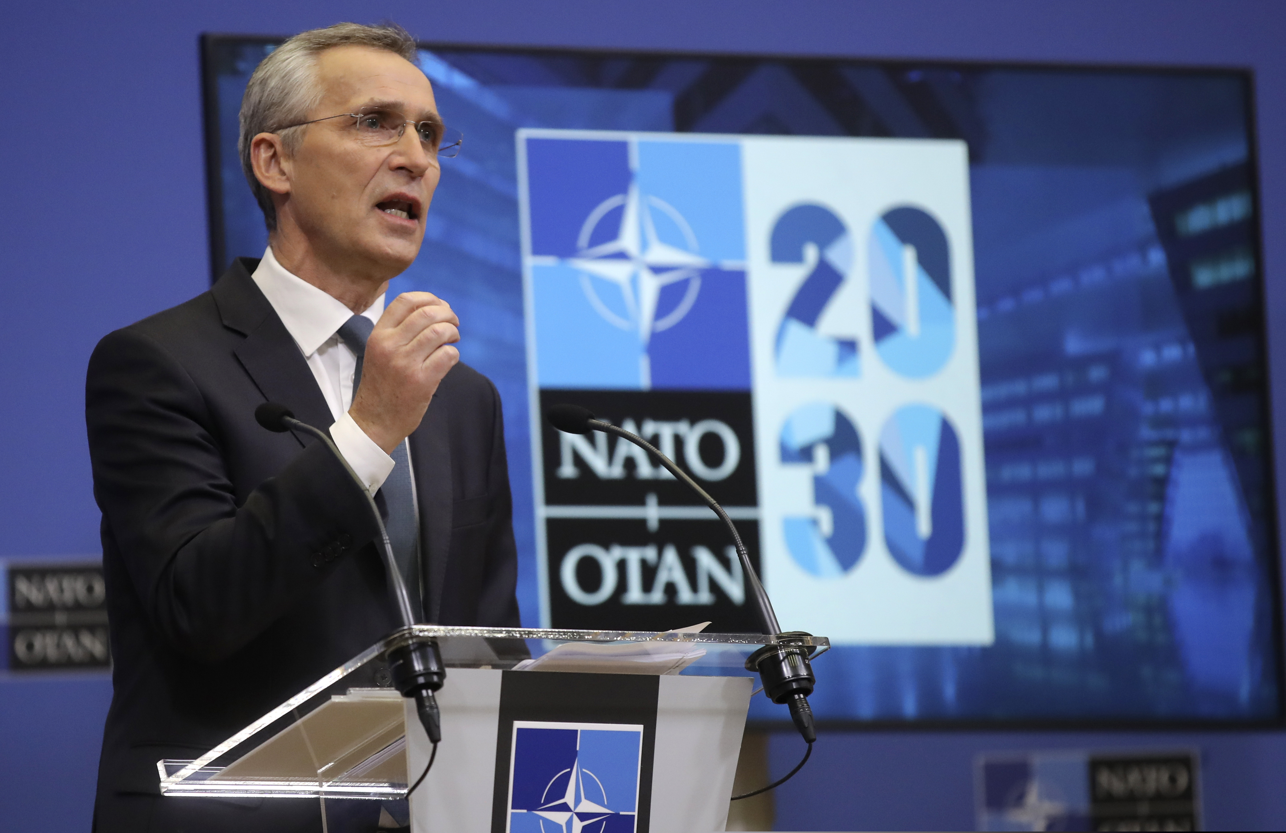 (Olivier Hoslet | pool via AP)

NATO Secretary General Jens Stoltenberg speaks during a media conference ahead of a NATO defense minister's meeting at NATO headquarters in Brussels, Monday, Feb. 15, 2021.