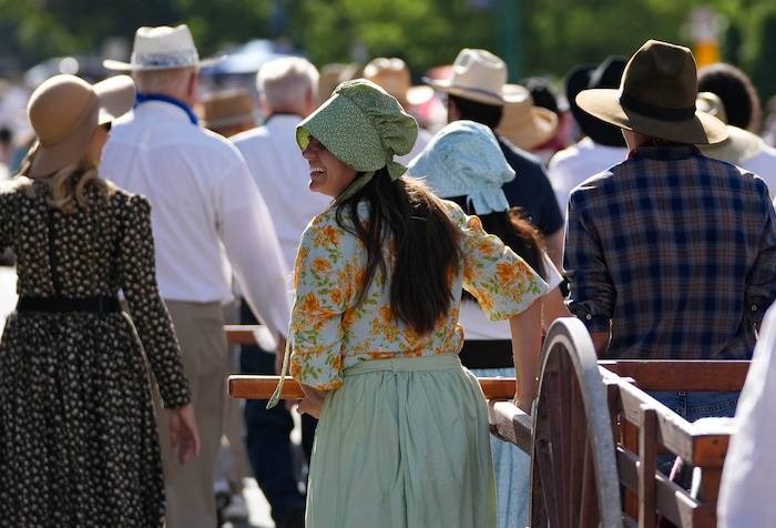 (Francisco Kjolseth | The Salt Lake Tribune) Sons of Utah Pioneers participate in the Days of ’47 Parade in Salt Lake City on Saturday, July 23, 2022.