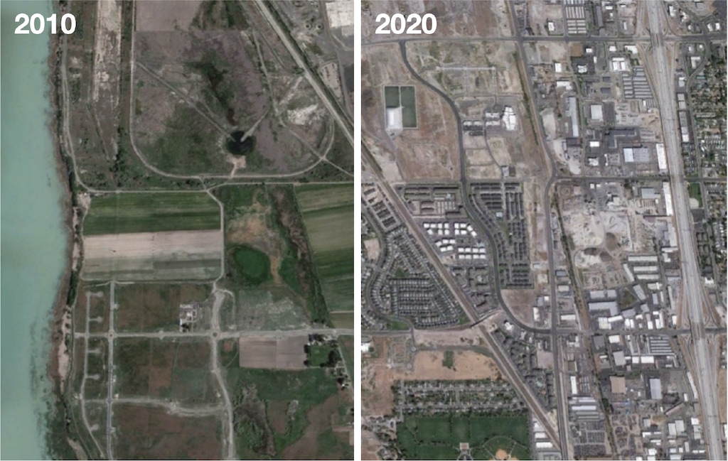 Side-by-side aerial view of Vineyard, Utah in the years 2010 and 2020.