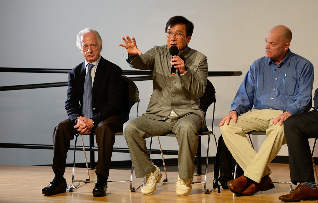 (Francisco Kjolseth  |  The Salt Lake Tribune)  Jackie Chan center joins a panel discussion alongside Nobel Laureate Mario R. Capecchi, left, and Andy Noorda, Co-founder of Wholistic during a preview of Jackie ChanÕs Inaugural Environmental Exhibition ÔJackie Chan: Green HeroÕ at The Leonardo: Museum of Creativity and Innovation on Thursday, Jan. 24, 2019.