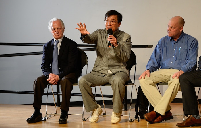 (Francisco Kjolseth | The Salt Lake Tribune) Jackie Chan center joins a panel discussion alongside Nobel Laureate Mario R. Capecchi, left, and Andy Noorda, Co-founder of Wholistic during a preview of Jackie ChanÕs Inaugural Environmental Exhibition ÔJackie Chan: Green HeroÕ at The Leonardo: Museum of Creativity and Innovation on Thursday, Jan. 24, 2019.