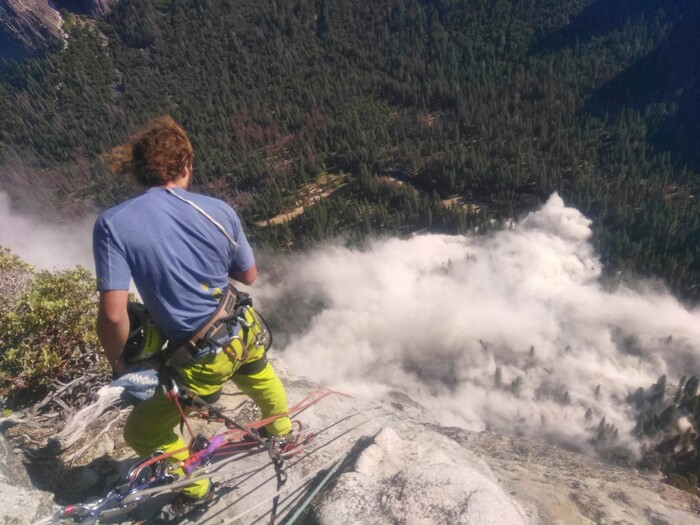 (Peter Zabraok | AP Photo) In this photo provided by Peter Zabrok, climber Ryan Sheridan who had just reached the top of El Capitan, a 7,569-foot (2,307 meter) formation, when a rock slide let loose below him Thursday, Sept. 28, 2017, in Yosemite National Park, Calif. It was not immediately clear if there were new casualties, a day after another slab dropped from El Capitan, killing a British climber and injuring a second.
