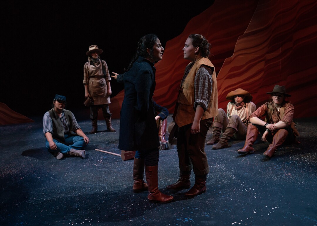 (Photo courtesy of Max Rutherford) A scene from Westminster College's October 2018 production of "Men On Boats." At left in the foreground, Mina Sadoon as John Wesley Powell and at right, Mauri Hefley as William Dunn.