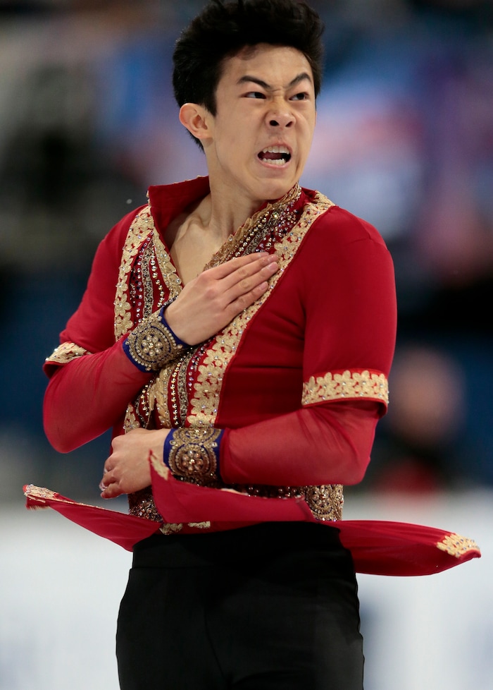 Nathan Chen, of the United States, skates his free program at the World figure skating championships in Helsinki, Finland, on Saturday, April 1, 2017. (AP Photo/Ivan Sekretarev)