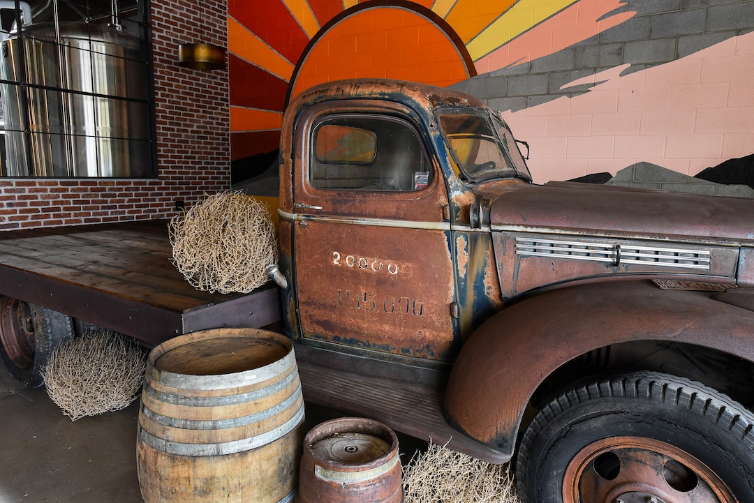 (Francisco Kjolseth  |  The Salt Lake Tribune) Level Crossing Brewing Co. in South Salt Lake features a 1946 Chevy Truck, purchased from Milton Farm in Sterling, Utah. The flat bed will be the stage for live music.