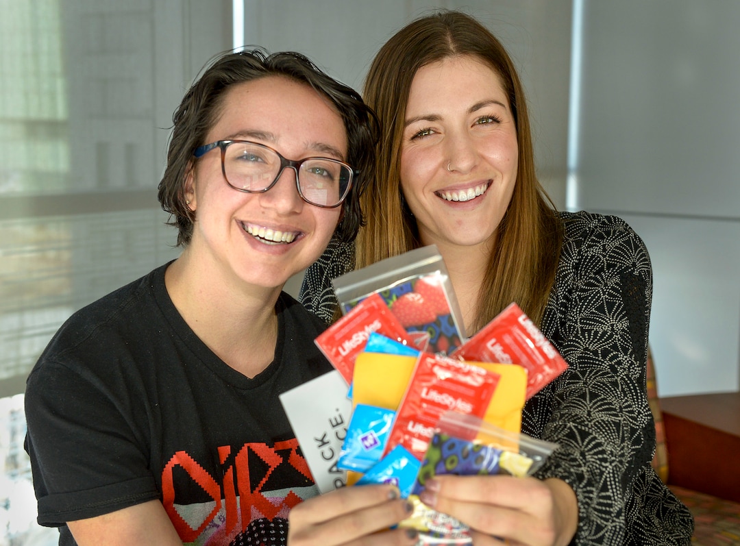 (Leah Hogsten | The Salt Lake Tribune) University of Utah student Grace Mason, left, and health educator Maya Jolley want you to talk about sex. "We hope to break down the stigmas," said Mason, Jan 15, 2020, who along with Jolley created "The Pleasure Pack"  discreet delivery and pick-up service to increase access to safer sex supplies and increase sexual and reproductive health knowledge. University of Utah students can customize their Pleasure Pack with external or internal condoms, oral dams, and water or silicone-based lubricants.