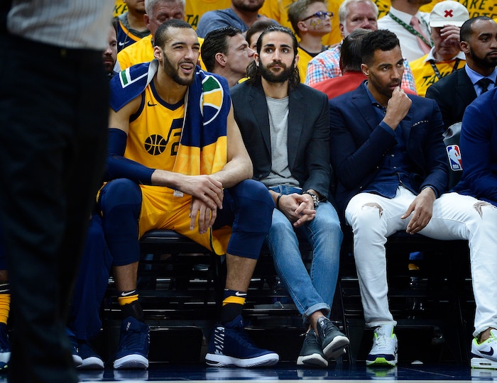 (Scott Sommerdorf | The Salt Lake Tribune)
Utah Jazz center Rudy Gobert (27) and Utah Jazz guard Ricky Rubio (3) react to a second half referee's foul call going against the Jazz. The Rockets beat the Jazz 100-87, Sunday, May 6, 2018.