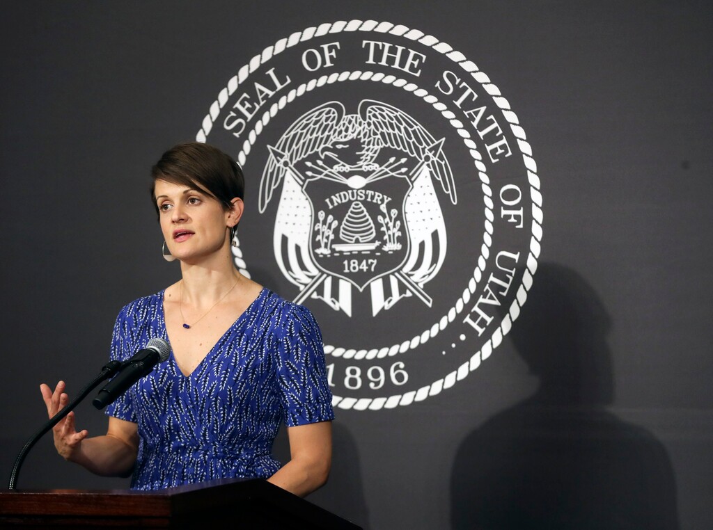 (Steve Griffin | Deseret News, pool) Dr. Angela Dunn, state epidemiologist with the Utah Department of Health, speaks during the daily COVID-19 briefing at the Capitol in Salt Lake City on Wednesday, May 13, 2020. 
