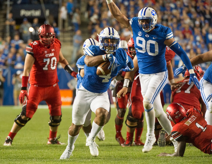 (Rick Egan  |  The Salt Lake Tribune)  Utah downed BYU 19-13 in last year's rivalry game at LaVell Edwards Stadium, despite Cougar linebacker Fred Warner's fumble recovery