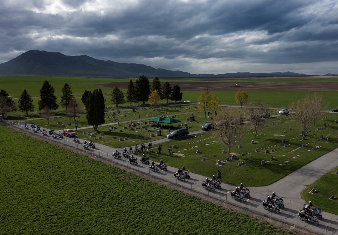 (Leah Hogsten | The Salt Lake Tribune) The funeral procession for former U.S. Senator Orrin Hatch arrives at Newton Cemetary where Hatch was interred, Friday, May 6, 2022. Hatch, the longest-serving Republican senator in U.S. history and the longest-serving from Utah, died April 23 at age 88.