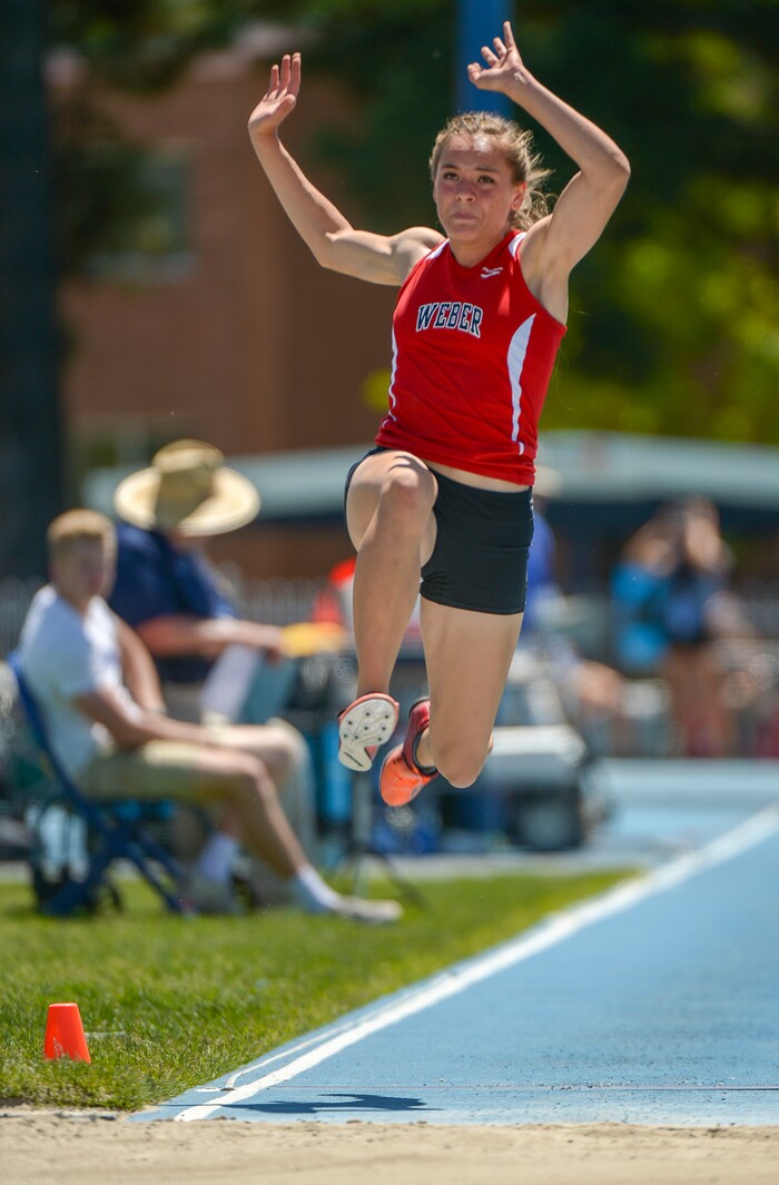 (Leah Hogsten | The Salt Lake Tribune) Weber's Krista Farley came in 1st in the 6A Girls' Long Jump with a distance of 18' 8.5" at the 2018 Utah UHSAA State Track and Field Championships at Clarence Robison Track on the campus of Brigham Young University in Provo, Thursday, May 17, 2018.
