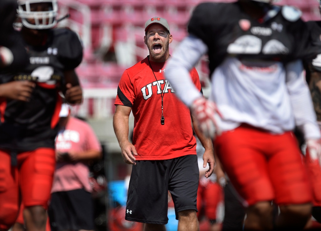 (Scott Sommerdorf  |  Tribune file photo) Utah defensive coordinator Morgan Scalley yells instructions to his defensive players during practice, Saturday, August 20, 2016.