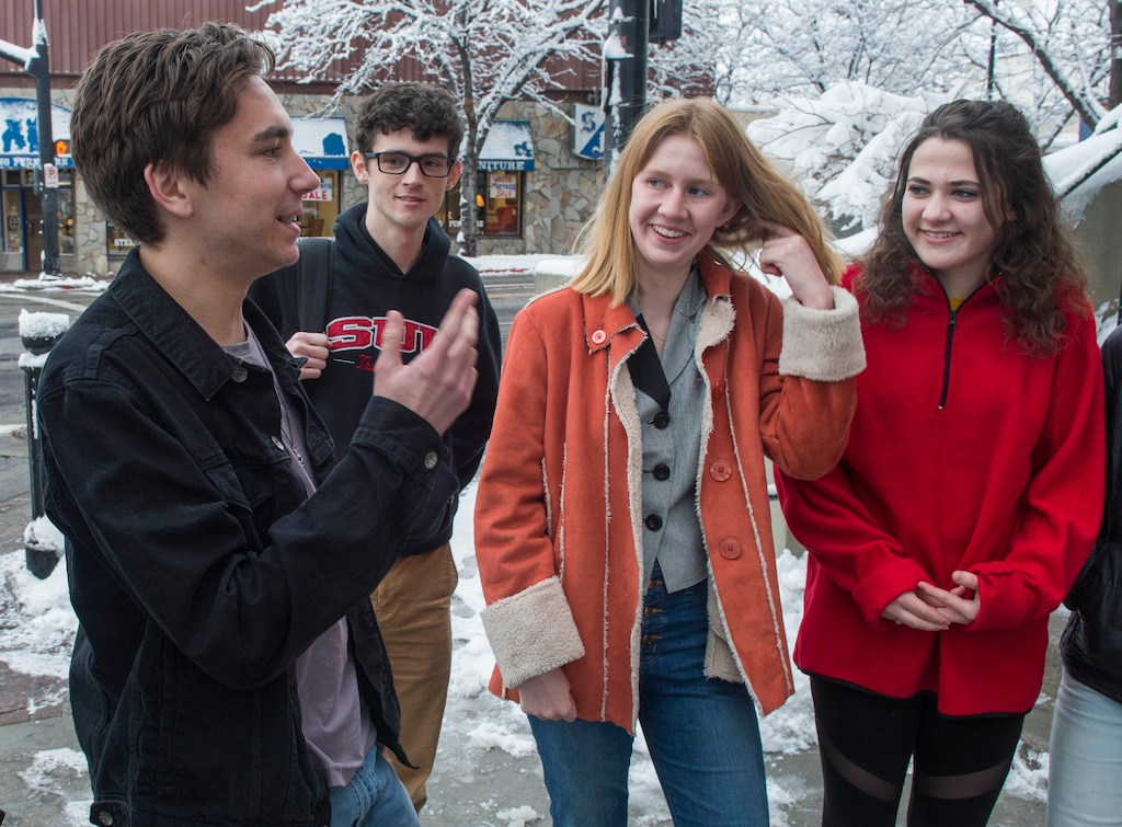 (Rick Egan  |  The Salt Lake Tribune)    L-R, students Isaac Reese, Mathew Davis, Elizabeth Love and Sophie Davies meet in Sugar House to organize the upcoming March For Our Lives, urging gun reform in the wake of a Florida school shooting.  Monday, Feb. 19, 2018.