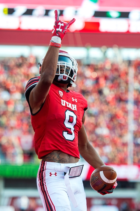 (Chris Detrick  |  The Salt Lake Tribune)  Utah Utes wide receiver Darren Carrington (9) celebrates his touchdown during the game at Rice-Eccles Stadium Thursday, August 31, 2017. Utah Utes are leading North Dakota Fighting Hawks 17-9 at halftime. 