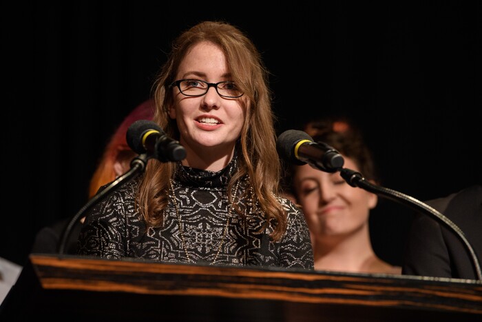 (Photo courtesy of Todd Wawrychuk | AMPAS) Kalee McCollaum, center, director of the animated short film "Grendel," accepts the Student Academy Award Gold Medal, in a ceremony in Beverly Hills, Calif, on Thursday, Oct. 17, 2019. The film was made by students at Brigham Young University's Center for Animation.