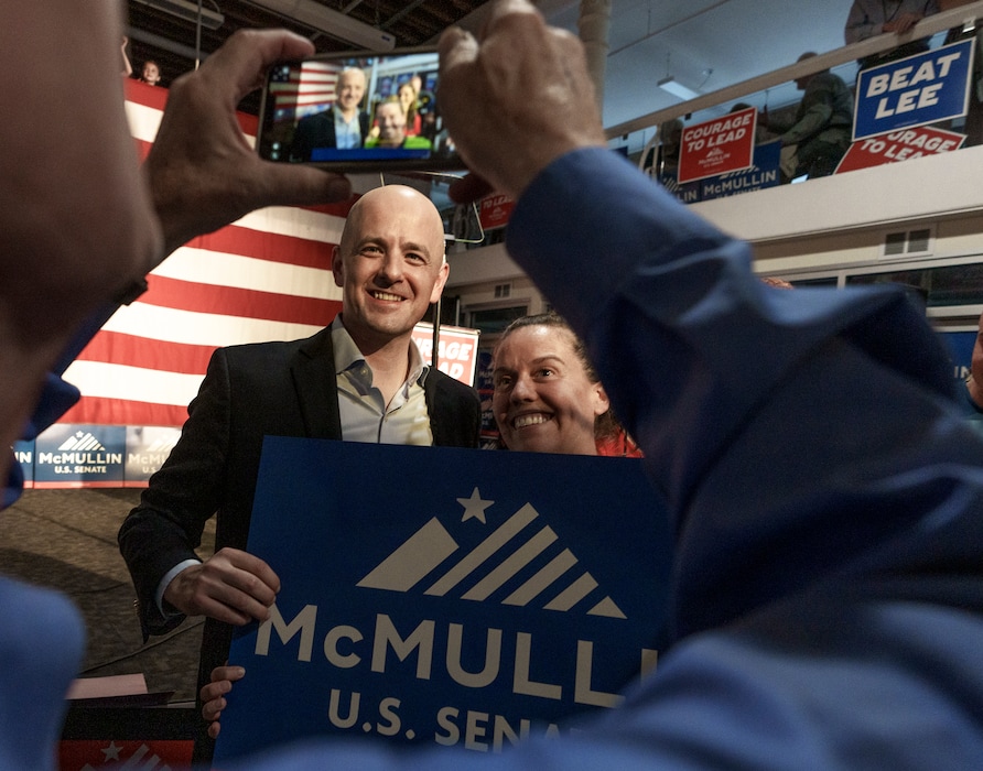 (Leah Hogsten | The Salt Lake Tribune) Evan McMullin, the Independent party candidate for the 2022 U.S. Senate greets supporters at a rally, Sept. 7, 2022. McMullin, who is hoping to unseat incumbent Mike Lee, addressed a crowd of about 200 people in Salt Lake City.