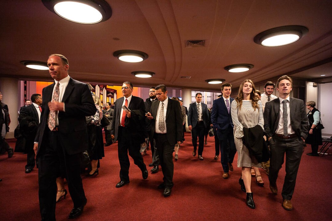 (Trent Nelson  |  The Salt Lake Tribune)  Attendees leaving the morning session of the189th Annual General Conference of The Church of Jesus Christ of Latter-day Saints in Salt Lake City on Sunday April 7, 2019.