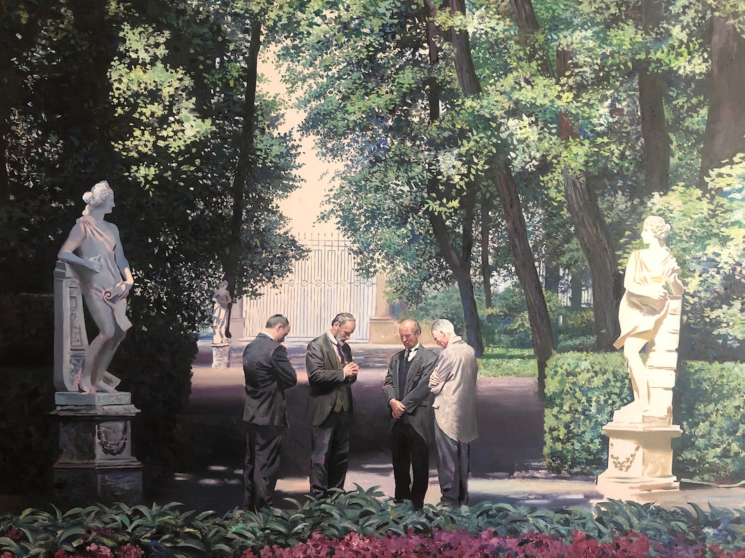 (Michael Stack  |  Special to The Salt Lake Tribune) A composite painting that hangs in the St. Petersburg LDS stake center depicting Francis M. Lyman in 1903 and Russell M. Nelson in1990 dedicating Russia for missionary work.