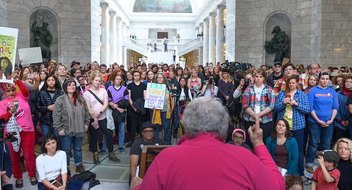 (Leah Hogsten | The Salt Lake Tribune) Karrie Galloway, CEO of Planned Parenthood rallies those in attendance at Amplifying WomenÕs Voices rally to celebrate International WomenÕs Day at the Utah State Capitol Rotunda, hosted by KRCL, Thursday, March 8, 2018.