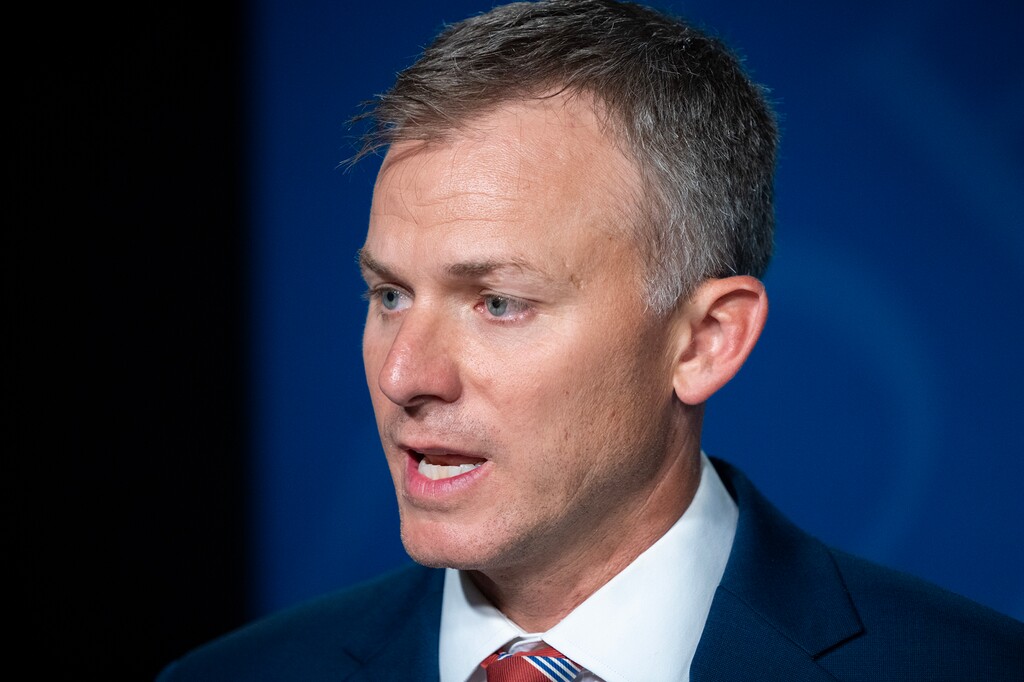 (Chris Samuels | The Salt Lake Tribune) Blake Moore speaks to reporters in 2024. The Utah Republican says he sees no benefit to the U.S. buying Greenland.