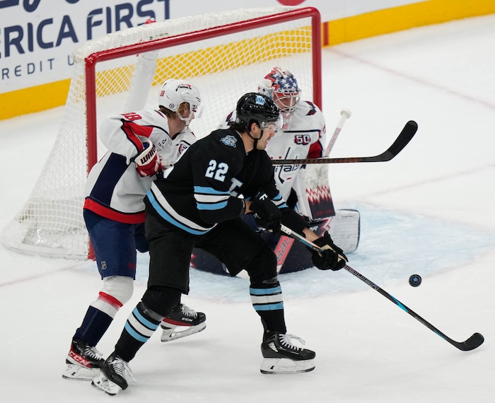 (Francisco Kjolseth | The Salt Lake Tribune) Utah Hockey Club center Jack McBain (22) tries to get a shot past the Washington Capitols defense during an NHL hockey game at the Delta Center in Salt Lake City on Monday, Nov. 18, 2024.