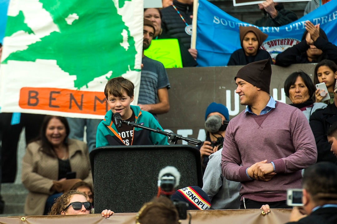 (Chris Detrick  |  The Salt Lake Tribune) Robbie Bond, 10-year-old founder of Kids Speak for Parks, speaks during the rally at the Utah State Capitol Saturday, December 2, 2017.  Utah Highway Patrol estimated 5,000 people attended the rally. 