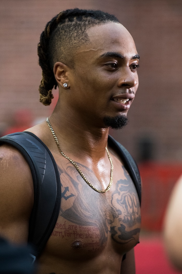(Rick Egan  |  The Salt Lake Tribune)      Darren Carrington II,  catches a pass as he warms up for University of Utah's 2018 Pro Day for NFL scouts, at Spence Eccles Field House, Wednesday, March 28, 2018.