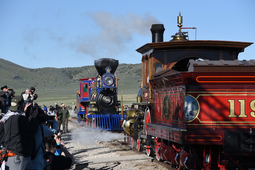 (Francisco Kjolseth  |  The Salt Lake Tribune)  The Jupiter and No. 119 arrive on Friday May 10, 2019, for the celebration of the 150th anniversary of the completion of the transcontinental railroad at Promontory Summit where the two rails met back on May 10, 1869.