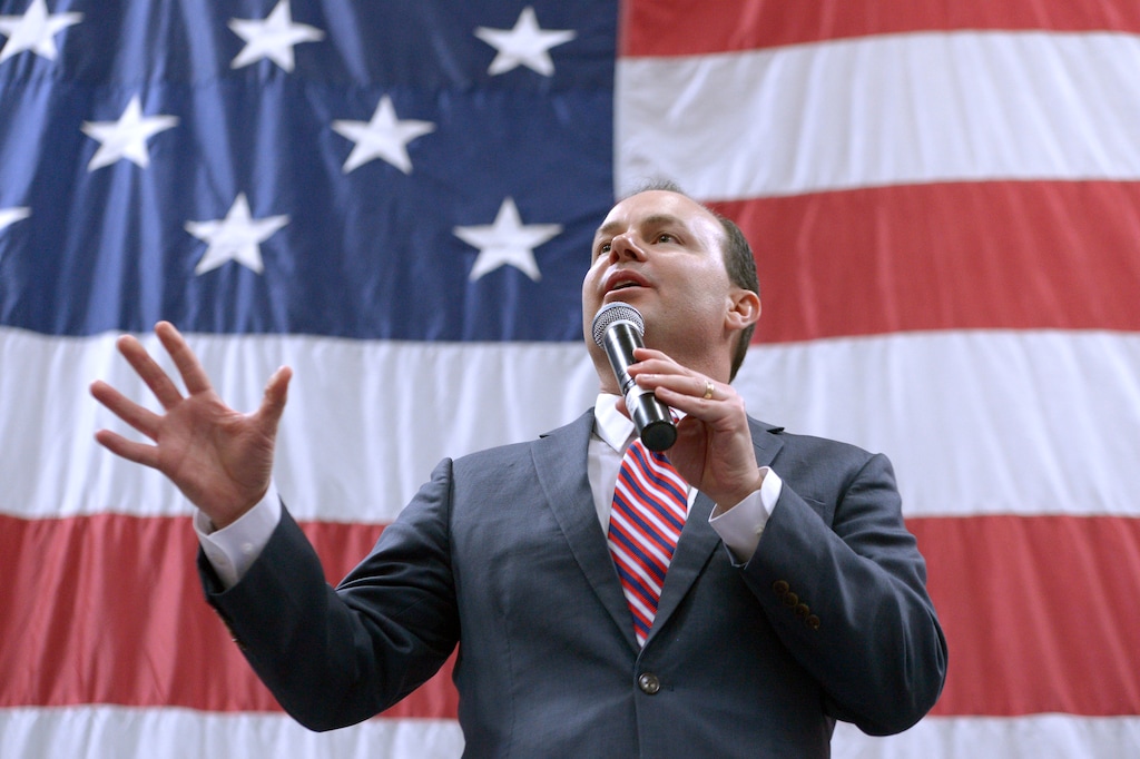(Leah Hogsten | Tribune file photo)
Utah Sen. Mike Lee, R-Utah addresses his supporters at the American Preparatory campus in Draper, Saturday, March 19, 2016. Republican presidential candidate Texas Sen. Ted Cruz, R-Texas, Carly Fiorina and Glenn Beck were also in attendance.