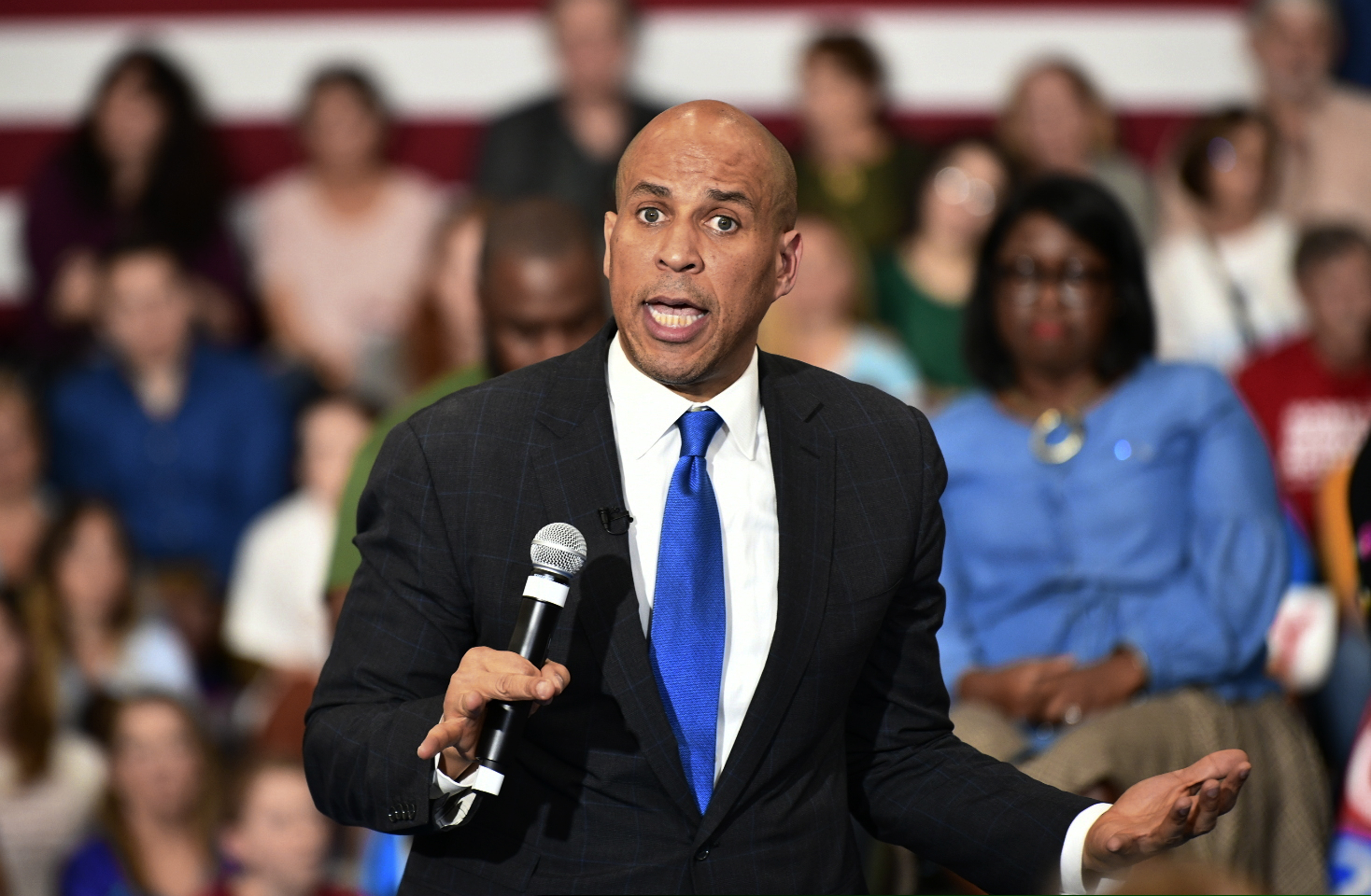 2020 Democratic presidential candidate Sen. Cory Booker speaks at a town hall in Charleston, S.C, on Saturday, March 2, 2019.  (AP Photo/Meg Kinnard)