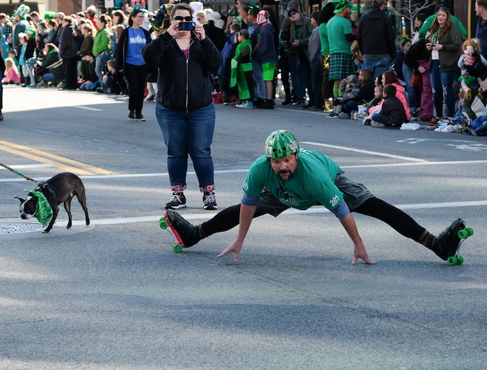 (Francisco Kjolseth | The Salt Lake Tribune) Members of various Utah Roller Derby teams have fun with the crowds as Salt Lake CityÕs Irish community celebrates their 41st annual St. PatrickÕs Day Parade with crowds lining up to take in the festivities.