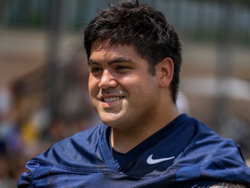 (Rick Egan | The Salt Lake Tribune)  Earl Tuioli-Mariner talks to the media after day 1 of BYU football Fall Camp, on Thursday, Aug. 4, 2022.