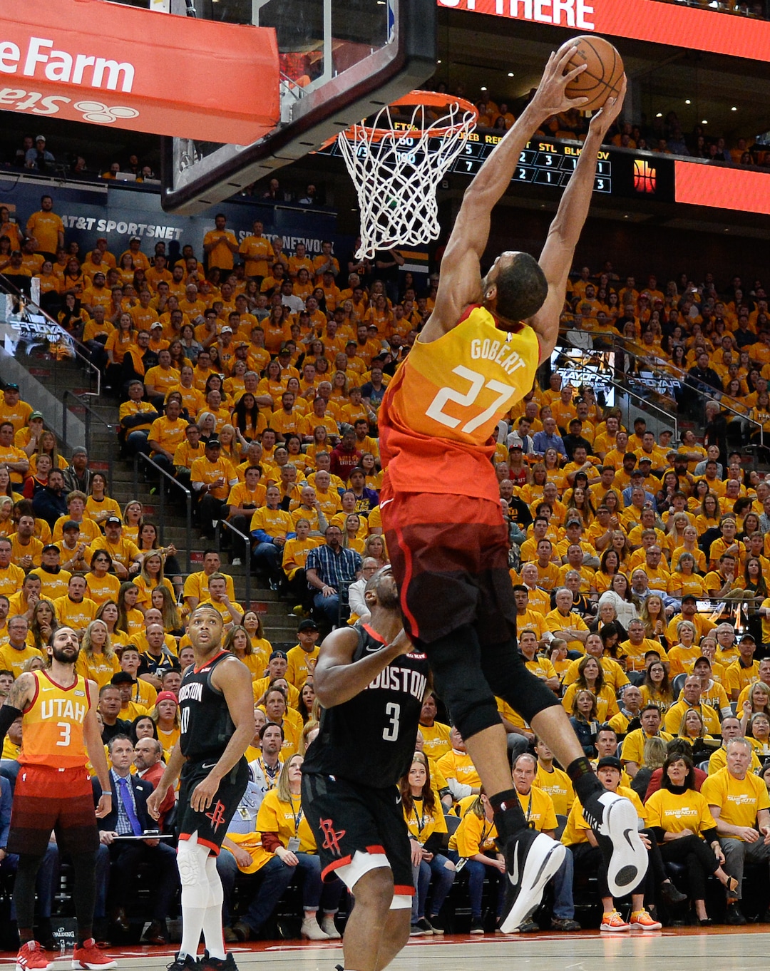 (Francisco Kjolseth  |  The Salt Lake Tribune)  Utah Jazz center Rudy Gobert (27) dunks over the Rockets in Game 3 of a first-round NBA basketball playoff series in Salt Lake City, Saturday, April 20, 2019.