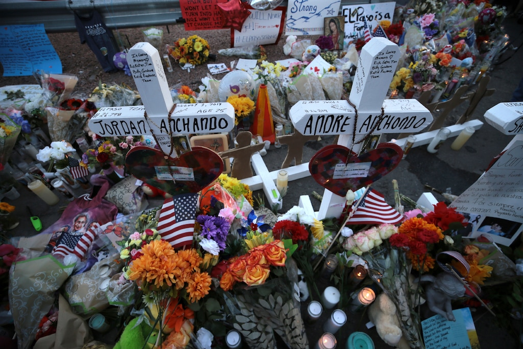 Crosses bear the names of the people killed at a Walmart Saturday during a memorial Monday, Aug. 5, 2019, in El Paso, Texas. (Mark Lambie/The El Paso Times via AP)