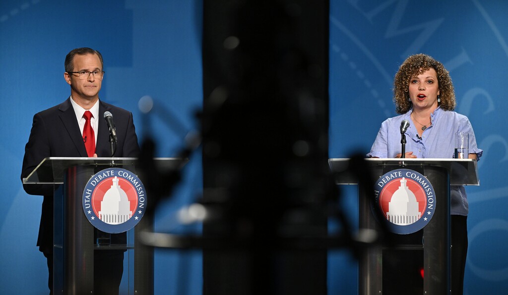 (Scott G Winterton | Pool) Utah’s 2nd Congressional District debate between Colby Jenkins, left, and Rep. Celeste Maloy at the KUED studios at the University of Utah in Salt Lake City on Monday, June 10, 2024.