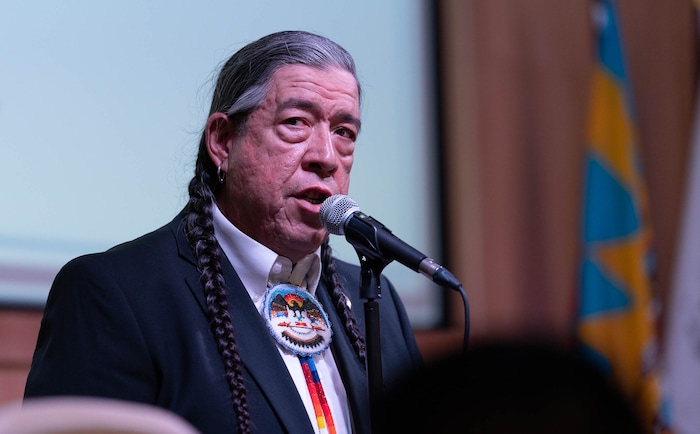 (Francisco Kjolseth | The Salt Lake Tribune) Shaun Chapoose, chairman of the Ute Indian Tribe Business Committee, speaks during the 15th Annual Governor’s Native American Summit held on the Utah Valley University campus on Friday, Aug. 6, 2021.
