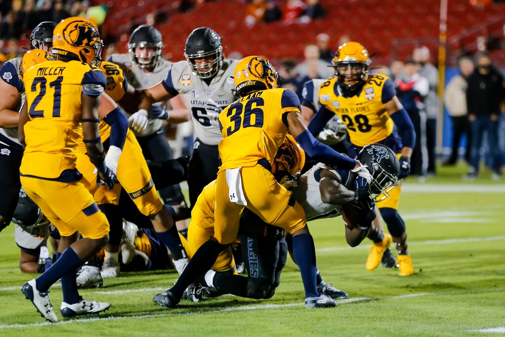 FRISCO, TX - DECEMBER 20: Utah State Aggies running back Gerold Bright (1) scores a touchdown during the game between the Utah State Aggies and the Kent State Golden Flashes on December 20, 2019 at the Toyota Stadium in Frisco, Texas. (Photo by Matthew Pearce/Icon Sportswire) (Icon Sportswire via AP Images)