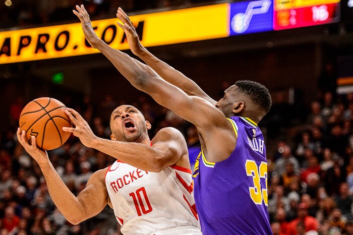 (Trent Nelson | The Salt Lake Tribune)  
Houston Rockets guard Eric Gordon (10) looks to shoot over Utah Jazz center Ekpe Udoh (33). The Utah Jazz host the Houston Rockets, NBA basketball in Salt Lake City on Thursday Dec. 6, 2018.