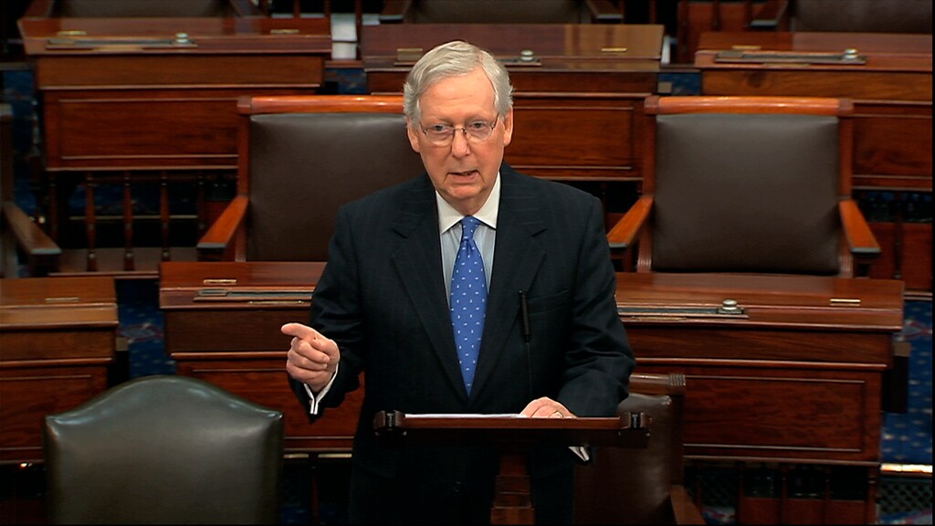 (Senate TV via AP) Senate Majority Leader Mitch McConnell of Kentucky speaks on the Senate floor Thursday, Dec. 19, 2019, at the Capitol in Washington.