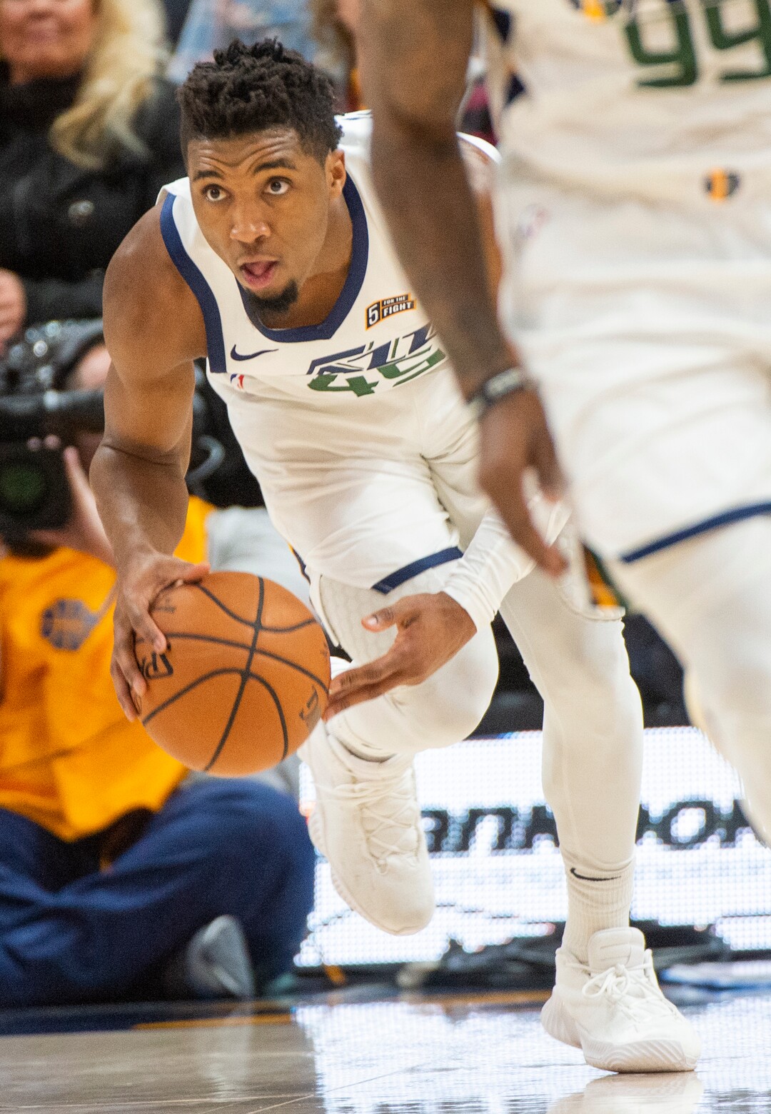 (Rick Egan  |  The Salt Lake Tribune)     Utah guard Donovan Mitchell (45) grabs a rebound and leads a fast break for the Jazz, , in NBA action between Utah Jazz and Miami Heat, at Vivint Smart Home Arena Wednesday, Dec. 12, 2018.