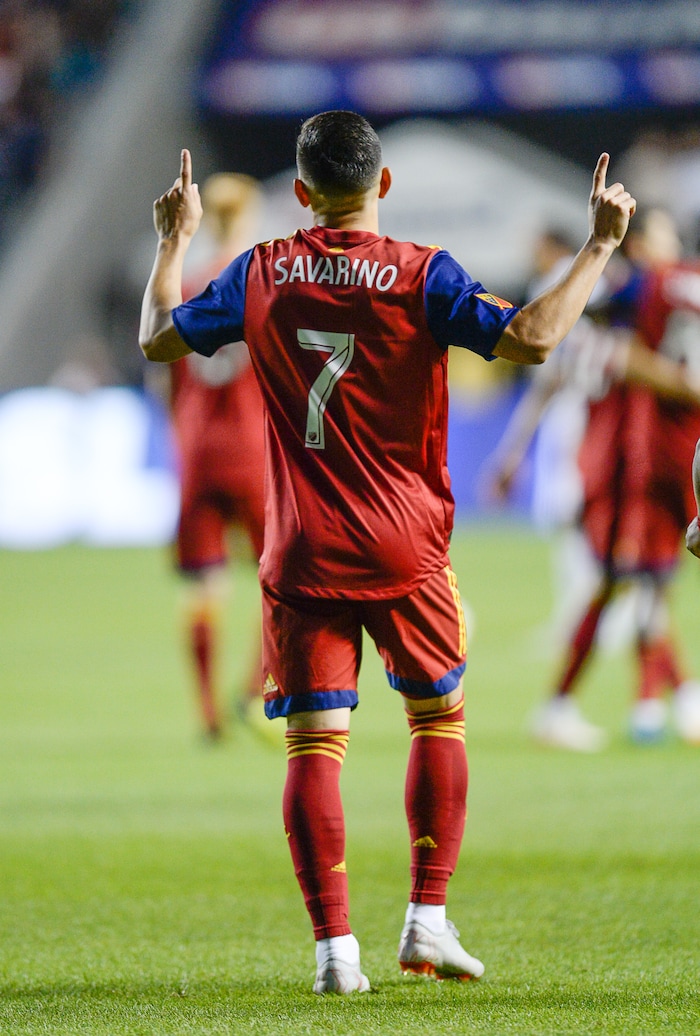 (Francisco Kjolseth  |  The Salt Lake Tribune)  Real Salt Lake forward Jefferson Savarino (7) celebrates his goal against the L.A. Galaxy during the second half of the MLS soccer match Saturday, Sept. 1, 2018, in Sandy at Rio Tinto Stadium.