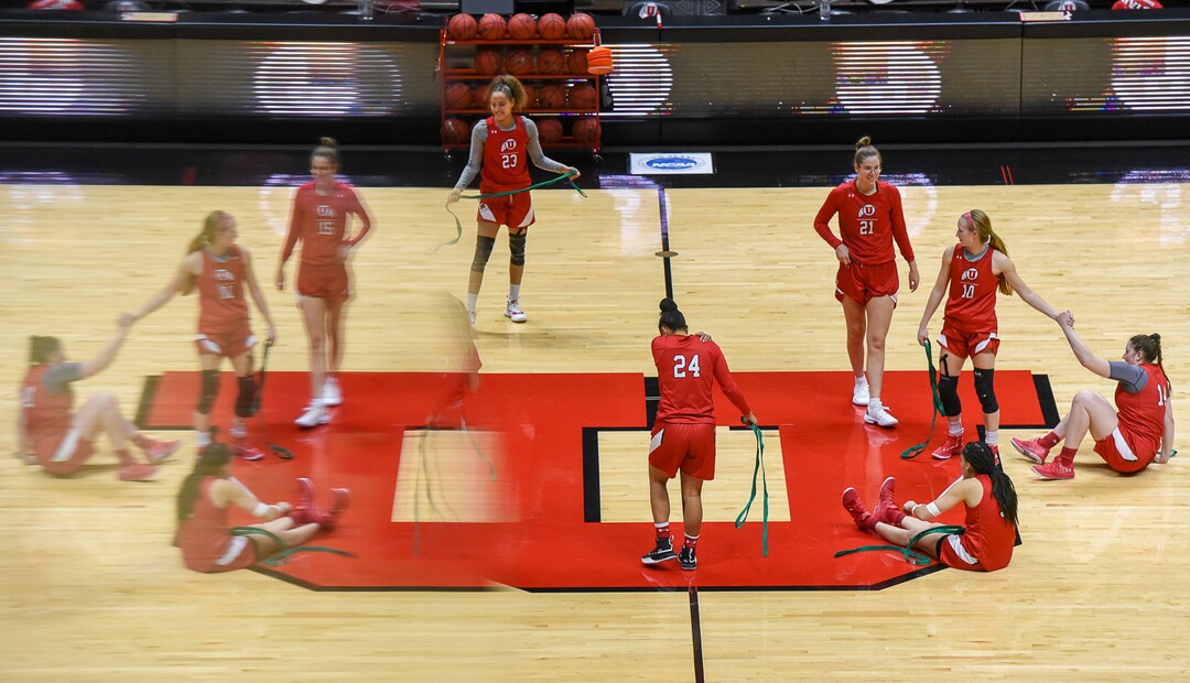 (Francisco Kjolseth  |  The Salt Lake Tribune)  The Utah women's basketball team stretches out following practice at the Jon Huntsman Center on Wed. Jan. 2, 2019, as they prepare for their next game on Friday. The team guided by coach Lynne Roberts has them rolling 12-0, in one of the best starts in program history.