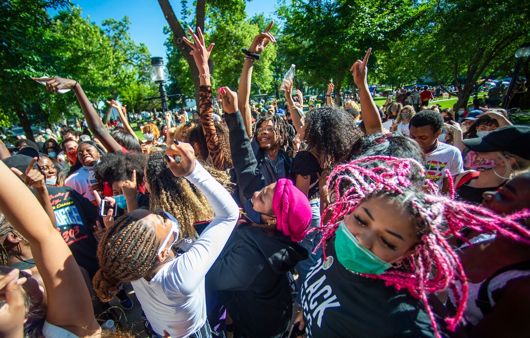 (Rick Egan  |  The Salt Lake Tribune)  revelers dance during the Juneteenth celebration at Washington Square in Salt Lake City on Friday, June 19, 2020.