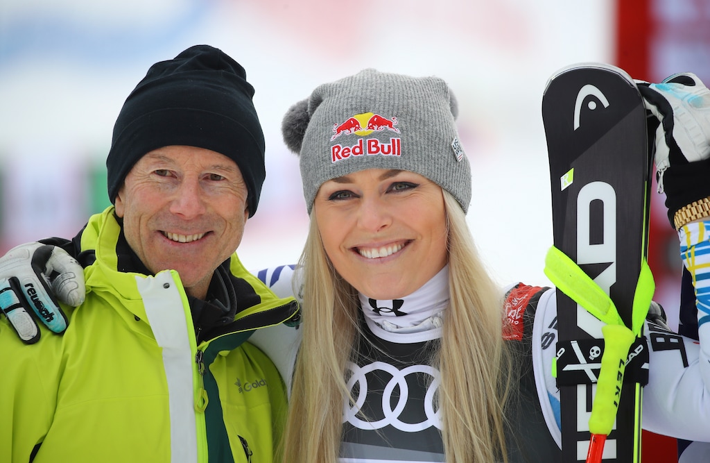 Lindsey Vonn, right, and former ski great Ingemar Stenmark of Sweden celebrate her third place finish in women's downhill at the alpine ski World Championships in Are, Sweden, on Feb. 10, 2019. Guests of the private Three Forks Ranch in Colorado will be able to ski with Vonn during several weeks this winter, the Park City resident announced in an Instagram post on Aug. 31, 2024. (AP Photo/Marco Trovati)