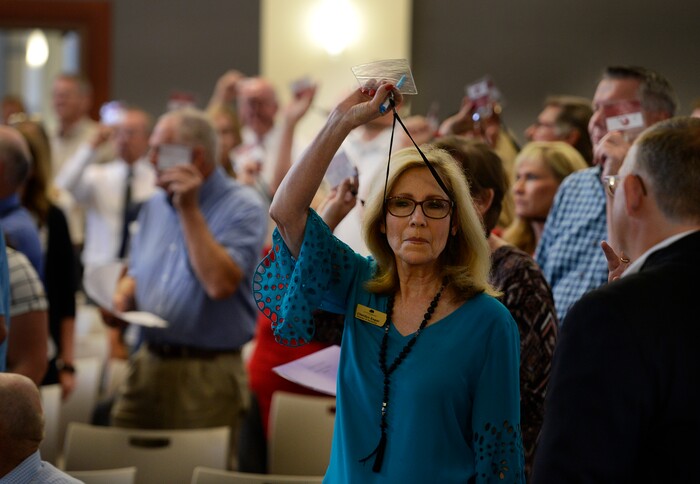 (Scott Sommerdorf | The Salt Lake Tribune)
Utah Republican Party Central Committee members vote overwhelmingly to adjourn a meeting that got off to a rocky start, and never got to the ongoing lawsuit against SB54, which was the main issue as the Utah Republican Party Central Committee met, Saturday, September 9, 2017.